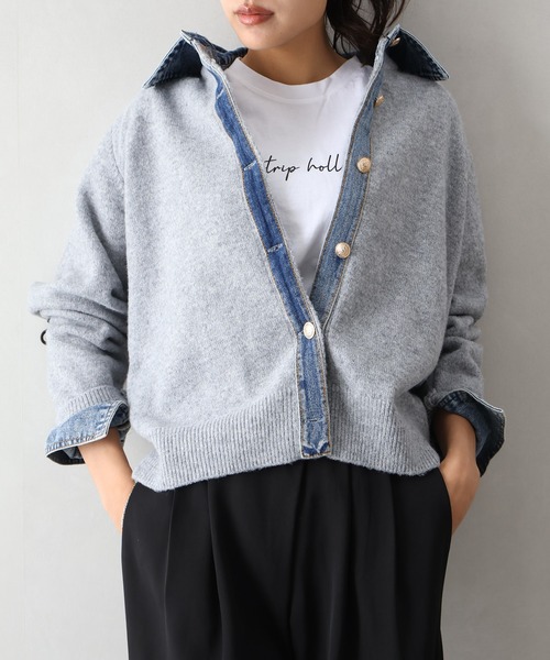 SpRay(スプレイ)の「【デニムMIXでこなれ感】デニム切替フェイクレイヤードニットカーディガン(カーディガン/ボレロ・レディース・チャコールグレー/ネイビー/グレー/ボルドー/オフホワイト/ブラウン/キャメル・FREE)」の11枚目の写真