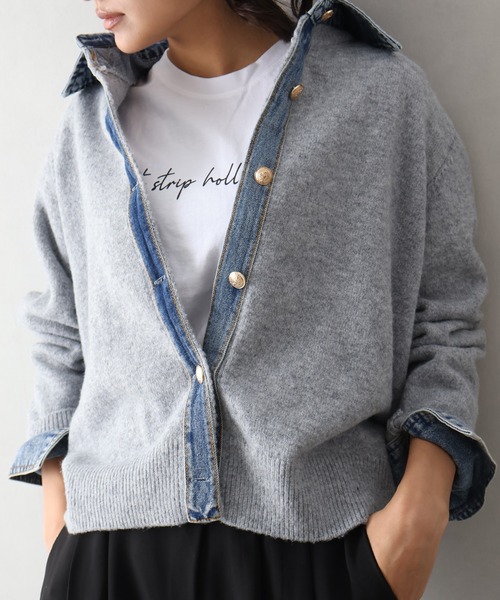 SpRay(スプレイ)の「【デニムMIXでこなれ感】デニム切替フェイクレイヤードニットカーディガン(カーディガン/ボレロ・レディース・チャコールグレー/ネイビー/グレー/ボルドー/オフホワイト/ブラウン/キャメル・FREE)」の12枚目の写真