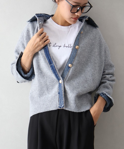 SpRay(スプレイ)の「【デニムMIXでこなれ感】デニム切替フェイクレイヤードニットカーディガン(カーディガン/ボレロ・レディース・チャコールグレー/ネイビー/グレー/ボルドー/オフホワイト/ブラウン/キャメル・FREE)」の13枚目の写真