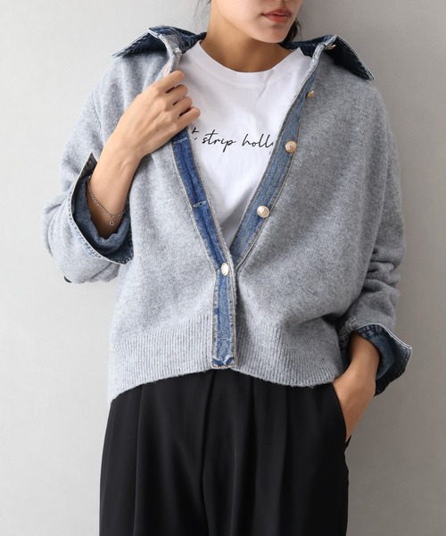 SpRay(スプレイ)の「【デニムMIXでこなれ感】デニム切替フェイクレイヤードニットカーディガン(カーディガン/ボレロ・レディース・チャコールグレー/ネイビー/グレー/ボルドー/オフホワイト/ブラウン/キャメル・FREE)」の14枚目の写真