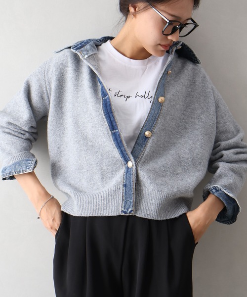 SpRay(スプレイ)の「【デニムMIXでこなれ感】デニム切替フェイクレイヤードニットカーディガン(カーディガン/ボレロ・レディース・チャコールグレー/ネイビー/グレー/ボルドー/オフホワイト/ブラウン/キャメル・FREE)」の15枚目の写真