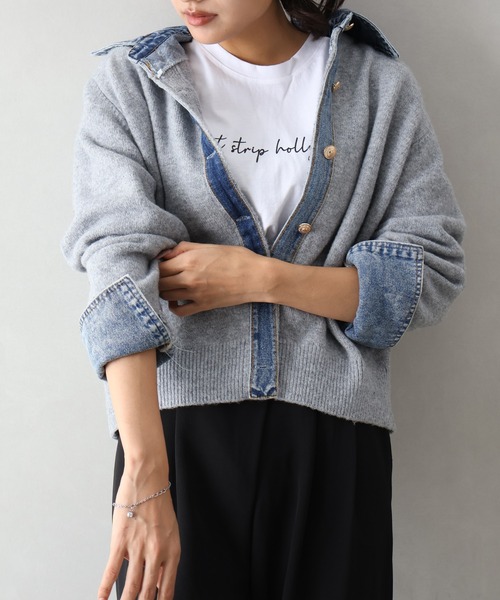 SpRay(スプレイ)の「【デニムMIXでこなれ感】デニム切替フェイクレイヤードニットカーディガン(カーディガン/ボレロ・レディース・チャコールグレー/ネイビー/グレー/ボルドー/オフホワイト/ブラウン/キャメル・FREE)」の16枚目の写真