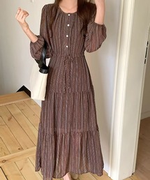 ヘンリーネックオリエンタル柄ストライプワンピース