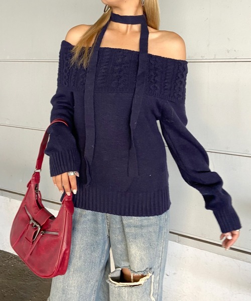non-hedge(ノンヘッジ)の「ケーブル切替オフショルショート丈ニットトップス(ニット/セーター・レディース・ネイビー/オフホワイト/グレー・FREE)」の3枚目の写真