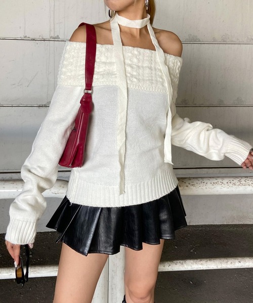 non-hedge(ノンヘッジ)の「ケーブル切替オフショルショート丈ニットトップス(ニット/セーター・レディース・ネイビー/オフホワイト/グレー・FREE)」の7枚目の写真