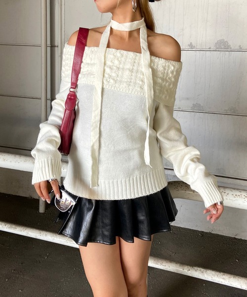 non-hedge(ノンヘッジ)の「ケーブル切替オフショルショート丈ニットトップス(ニット/セーター・レディース・ネイビー/オフホワイト/グレー・FREE)」の6枚目の写真