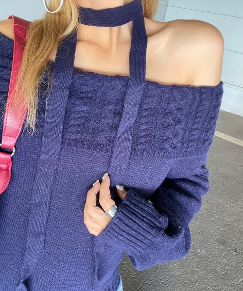 non-hedge(ノンヘッジ)の「ケーブル切替オフショルショート丈ニットトップス(ニット/セーター・レディース・ネイビー/オフホワイト/グレー・FREE)」の11枚目の写真