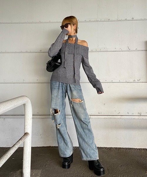 non-hedge(ノンヘッジ)の「ケーブル切替オフショルショート丈ニットトップス(ニット/セーター・レディース・ネイビー/オフホワイト/グレー・FREE)」の12枚目の写真