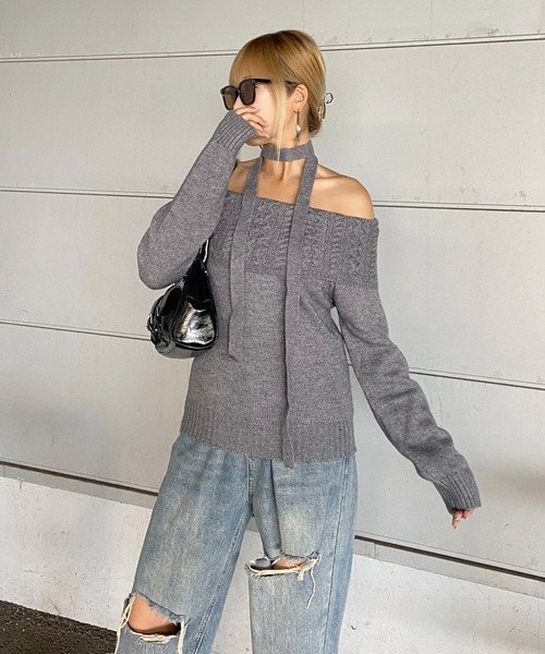 non-hedge(ノンヘッジ)の「ケーブル切替オフショルショート丈ニットトップス(ニット/セーター・レディース・ネイビー/オフホワイト/グレー・FREE)」の13枚目の写真