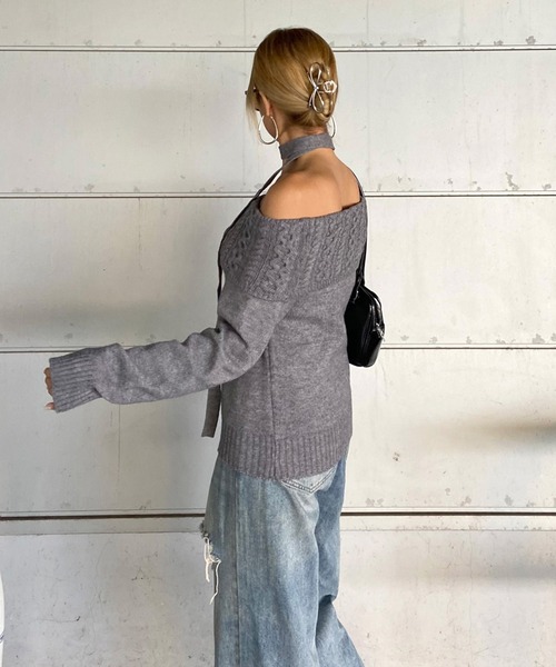 non-hedge(ノンヘッジ)の「ケーブル切替オフショルショート丈ニットトップス(ニット/セーター・レディース・ネイビー/オフホワイト/グレー・FREE)」の14枚目の写真