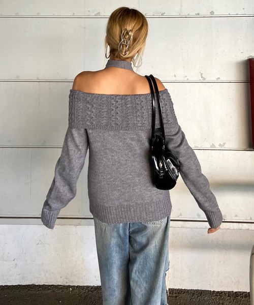non-hedge(ノンヘッジ)の「ケーブル切替オフショルショート丈ニットトップス(ニット/セーター・レディース・ネイビー/オフホワイト/グレー・FREE)」の15枚目の写真