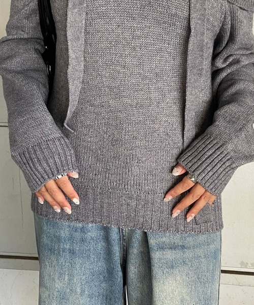 non-hedge(ノンヘッジ)の「ケーブル切替オフショルショート丈ニットトップス(ニット/セーター・レディース・ネイビー/オフホワイト/グレー・FREE)」の22枚目の写真