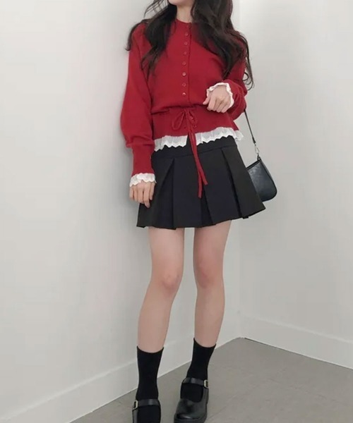 VIVID LADY（ビビッドレディー）の「レースドッキング ウエストリボン ニットカーディガン（ニット/セーター・レディース・グレー/レッド/アイボリー/ネイビー・FREE）」の7枚目の写真