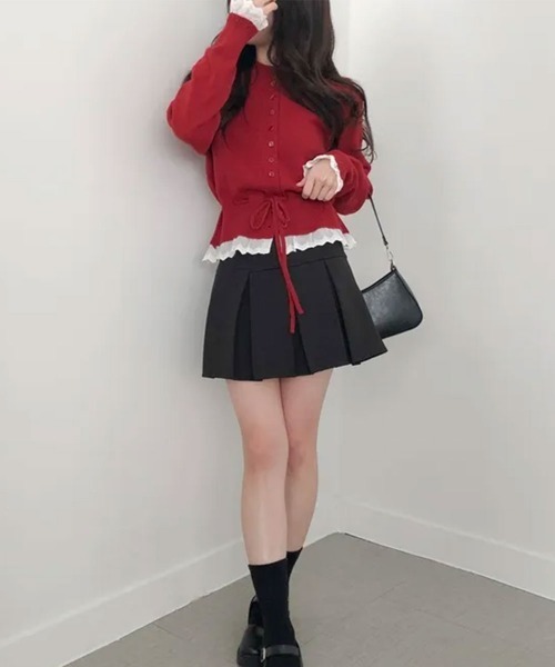 VIVID LADY（ビビッドレディー）の「レースドッキング ウエストリボン ニットカーディガン（ニット/セーター・レディース・グレー/レッド/アイボリー/ネイビー・FREE）」の11枚目の写真