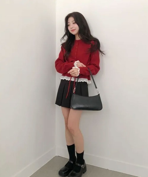 VIVID LADY（ビビッドレディー）の「レースドッキング ウエストリボン ニットカーディガン（ニット/セーター・レディース・グレー/レッド/アイボリー/ネイビー・FREE）」の12枚目の写真
