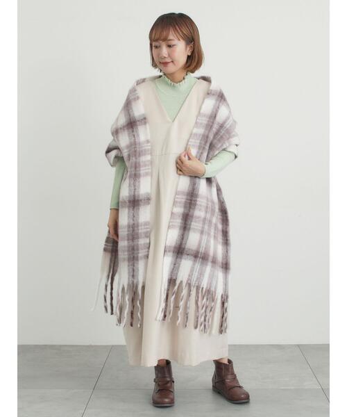 Samansa Mos2（サマンサ モスモス）の「【帯電防止/ウォッシャブル】太フリンジチェックマフラー（ストール/ショール・レディース・グリーン/ダークブラウン/ベージュ・F）」の10枚目の写真