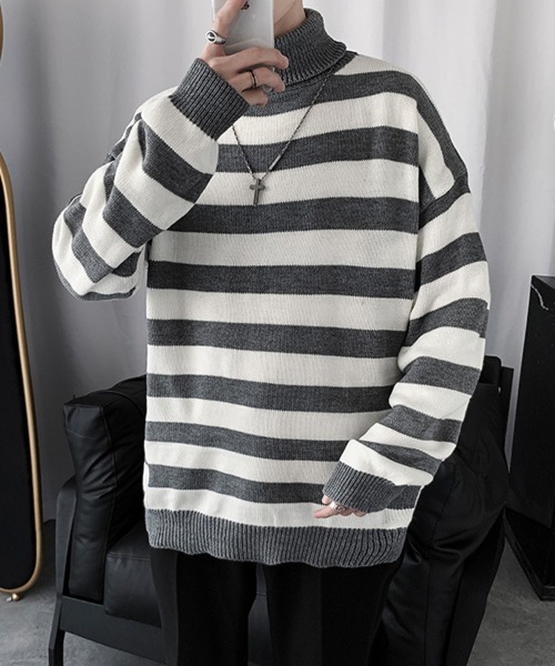 SallyLunn(サリーラン)の「太ボーダーニットトップス(ニット/セーター・メンズ・ネイビー/ブラック/グレー・L/M)」の3枚目の写真