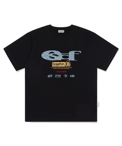 ESCAPEFROM(エスケープフロム)の「ブルースター デニム ESCFロゴ コラージュプリント オーバーサイズ 半袖Tシャツ ブラック(Tシャツ/カットソー・レディース・その他・SMALL/MEDIUM/LARGE)」の2枚目の写真