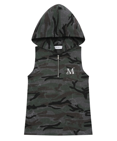MUCENT(ムセント)の「ケリンメタルロゴカモフードスリーブレス(2カラー)(Tシャツ/カットソー・レディース・グレー/カーキ・FREE)」の1枚目の写真