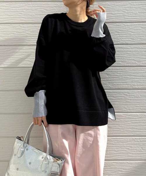 Q（キュー）の「袖配色スリットニット（ニット/セーター・レディース・レモンイエロー/アイボリー/ブラック・MEDIUM）」の18枚目の写真