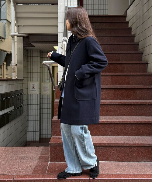 fredy emue(フレディエミュ)の「【追加生産決定!】Super100ステンカラーミドルコート(ダッフルコート・レディース・ネイビー・38/36)」の21枚目の写真