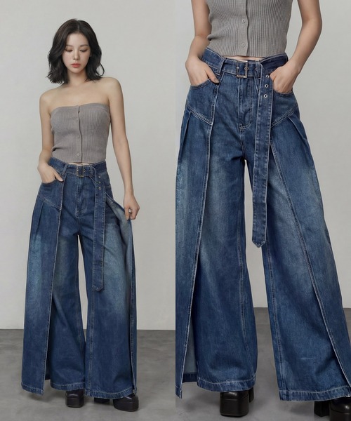 DURAS(デュラス)の「サイドカバーラップワイドデニムパンツ(デニムパンツ・レディース・インディゴブルー/ライトブルー・S-M/M-L)」の1枚目の写真