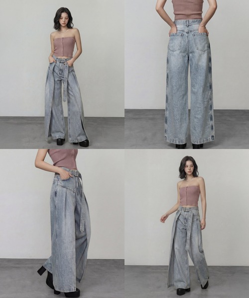 DURAS(デュラス)の「サイドカバーラップワイドデニムパンツ(デニムパンツ・レディース・インディゴブルー/ライトブルー・S-M/M-L)」の12枚目の写真