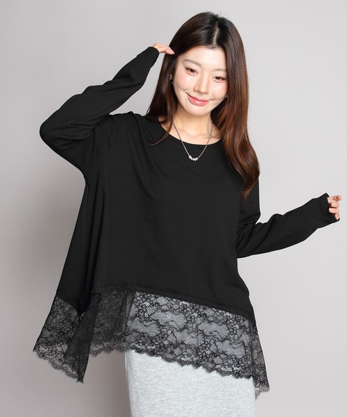 by LEGNA(バイレグナ)の「裏起毛レースドッキングトップス(Tシャツ/カットソー・レディース・ブラック/ホワイト・FREE)」の2枚目の写真