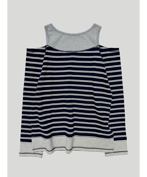 STILLLETHARDY(スティルレッサーディ)の「オーバーロックオフショルダーティーシャツ: ストライプネイビー(Tシャツ/カットソー・レディース・その他・ONE)」の2枚目の写真