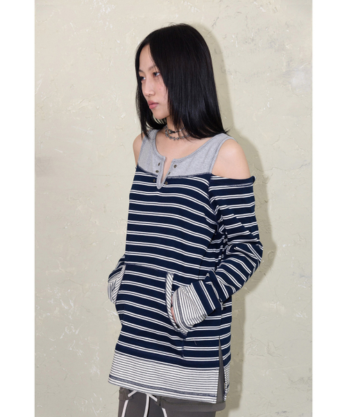 STILLLETHARDY(スティルレッサーディ)の「オーバーロックオフショルダーティーシャツ: ストライプネイビー(Tシャツ/カットソー・レディース・その他・ONE)」の8枚目の写真