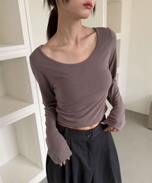 【裏起毛】 無地 ラウンドネック クロップド 長袖 Tシャツ