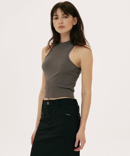Varied Rib Halter Neck Brown