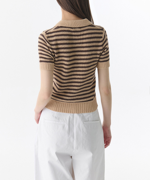 MUSINSA STANDARD WOMAN（ムシンサスタンダードウーマン）の「ウィメンズストライプニットポロシャツ[ライトベージュ/ブラウン]（ニット/セーター・レディース・その他・LARGE/MEDIUM/SMALL/X-SMALL）」の2枚目の写真