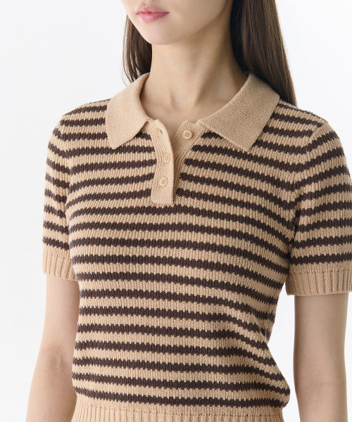 MUSINSA STANDARD WOMAN（ムシンサスタンダードウーマン）の「ウィメンズストライプニットポロシャツ[ライトベージュ/ブラウン]（ニット/セーター・レディース・その他・LARGE/MEDIUM/SMALL/X-SMALL）」の3枚目の写真