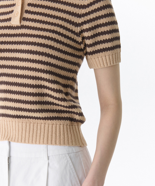 MUSINSA STANDARD WOMAN（ムシンサスタンダードウーマン）の「ウィメンズストライプニットポロシャツ[ライトベージュ/ブラウン]（ニット/セーター・レディース・その他・LARGE/MEDIUM/SMALL/X-SMALL）」の4枚目の写真