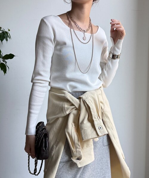 DouDou(ドゥドゥ)の「【REI企画カラーあり】スクエアニットロングスリーブプルオーバー(ニット/セーター・レディース・ブラック/グレイッシュベージュ/ベビーピンク/オフホワイト/ネイビー/ベージュ・FREE)」の12枚目の写真