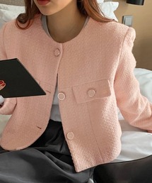 ReRe（リリ）の「ステッチ入りツイード風クロップドジャケット（ノーカラージャケット）」