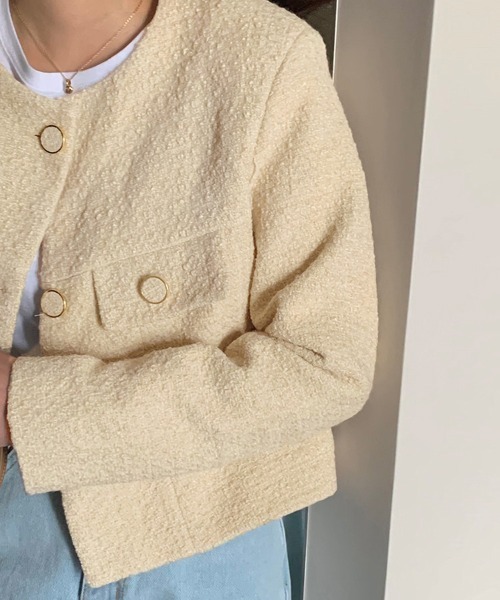 ReRe(リリ)の「ステッチ入りツイード風クロップドジャケット(ノーカラージャケット・レディース・ベージュ/ピンク・FREE)」の9枚目の写真