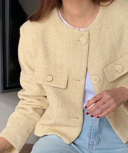 ReRe(リリ)の「ステッチ入りツイード風クロップドジャケット(ノーカラージャケット・レディース・ベージュ/ピンク・FREE)」の10枚目の写真