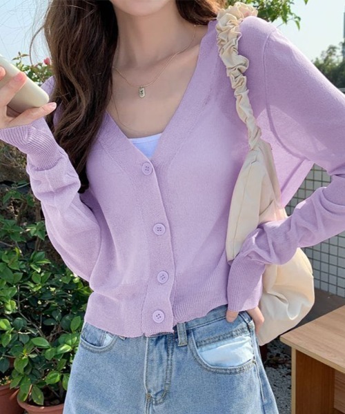 kirakiraShop（キラキラショップ）の「【夏の羽織りに】【着回し万能】シアー Vネック ショート サマーニット カーディガン（カーディガン/ボレロ・レディース・ピンク/ホワイト/ブラック/パープル/イエロー・FREE）」の3枚目の写真