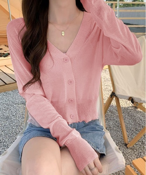 kirakiraShop（キラキラショップ）の「【夏の羽織りに】【着回し万能】シアー Vネック ショート サマーニット カーディガン（カーディガン/ボレロ・レディース・ピンク/ホワイト/ブラック/パープル/イエロー・FREE）」の5枚目の写真