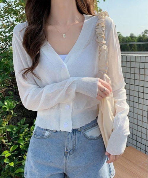 kirakiraShop（キラキラショップ）の「【夏の羽織りに】【着回し万能】シアー Vネック ショート サマーニット カーディガン（カーディガン/ボレロ・レディース・ピンク/ホワイト/ブラック/パープル/イエロー・FREE）」の6枚目の写真