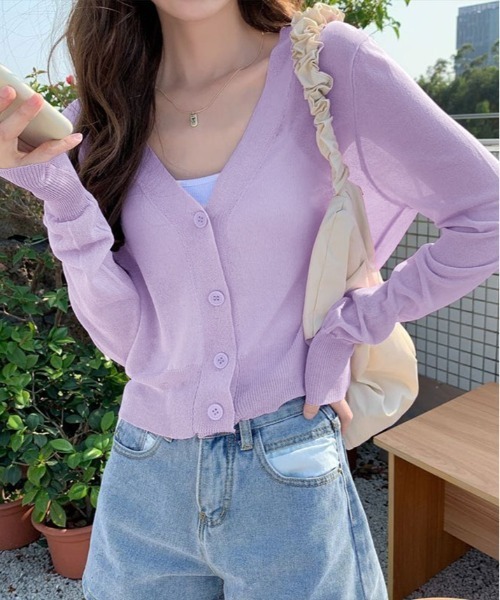 kirakiraShop（キラキラショップ）の「【夏の羽織りに】【着回し万能】シアー Vネック ショート サマーニット カーディガン（カーディガン/ボレロ・レディース・ピンク/ホワイト/ブラック/パープル/イエロー・FREE）」の8枚目の写真