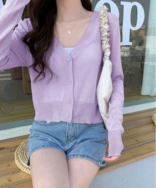 kirakiraShop（キラキラショップ）の「【夏の羽織りに】【着回し万能】シアー Vネック ショート サマーニット カーディガン（カーディガン/ボレロ・レディース・ピンク/ホワイト/ブラック/パープル/イエロー・FREE）」の9枚目の写真