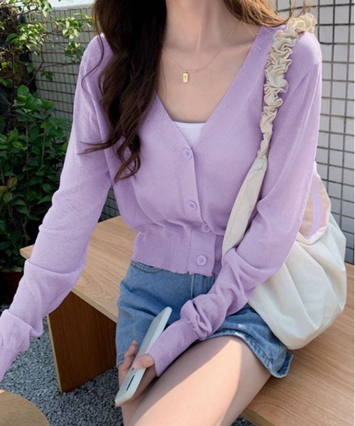 kirakiraShop（キラキラショップ）の「【夏の羽織りに】【着回し万能】シアー Vネック ショート サマーニット カーディガン（カーディガン/ボレロ・レディース・ピンク/ホワイト/ブラック/パープル/イエロー・FREE）」の10枚目の写真