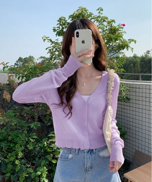 kirakiraShop（キラキラショップ）の「【夏の羽織りに】【着回し万能】シアー Vネック ショート サマーニット カーディガン（カーディガン/ボレロ・レディース・ピンク/ホワイト/ブラック/パープル/イエロー・FREE）」の11枚目の写真