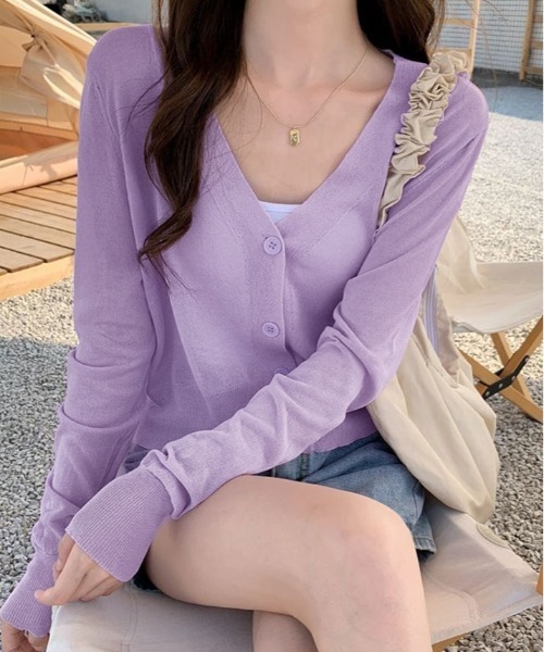 kirakiraShop（キラキラショップ）の「【夏の羽織りに】【着回し万能】シアー Vネック ショート サマーニット カーディガン（カーディガン/ボレロ・レディース・ピンク/ホワイト/ブラック/パープル/イエロー・FREE）」の12枚目の写真