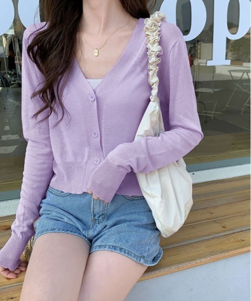 kirakiraShop（キラキラショップ）の「【夏の羽織りに】【着回し万能】シアー Vネック ショート サマーニット カーディガン（カーディガン/ボレロ・レディース・ピンク/ホワイト/ブラック/パープル/イエロー・FREE）」の13枚目の写真