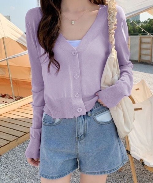kirakiraShop（キラキラショップ）の「【夏の羽織りに】【着回し万能】シアー Vネック ショート サマーニット カーディガン（カーディガン/ボレロ・レディース・ピンク/ホワイト/ブラック/パープル/イエロー・FREE）」の14枚目の写真