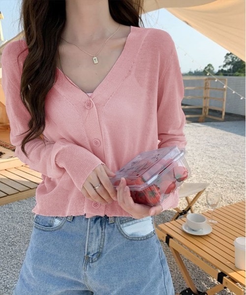 kirakiraShop（キラキラショップ）の「【夏の羽織りに】【着回し万能】シアー Vネック ショート サマーニット カーディガン（カーディガン/ボレロ・レディース・ピンク/ホワイト/ブラック/パープル/イエロー・FREE）」の18枚目の写真